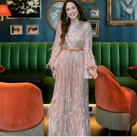 NWOT Antonio Melani x Nicola Bathie Sequin Crew Neck Long Sleeve Feather Dress - Picture 4 of 11